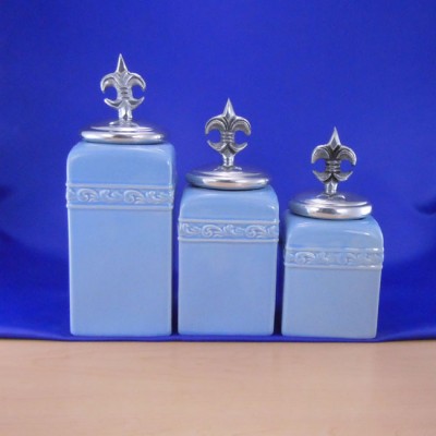 60001BLUE-FDL-SIL-CERAMIC CANISTER SET BLUE W/ FDL SILVER LIDS